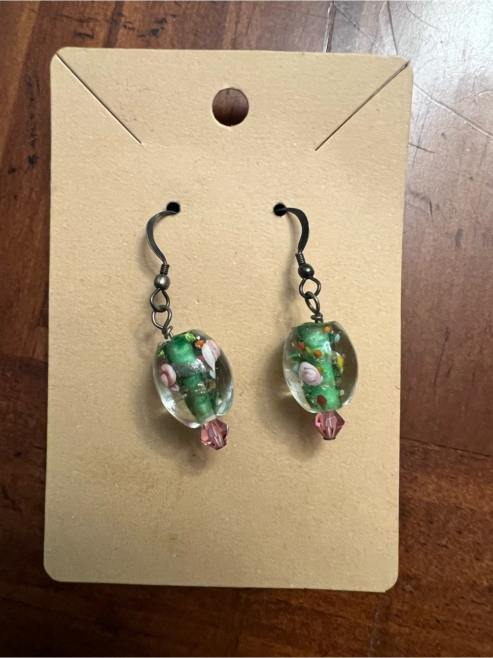 Green Glass Bead Drop Earrings with Pink Accent